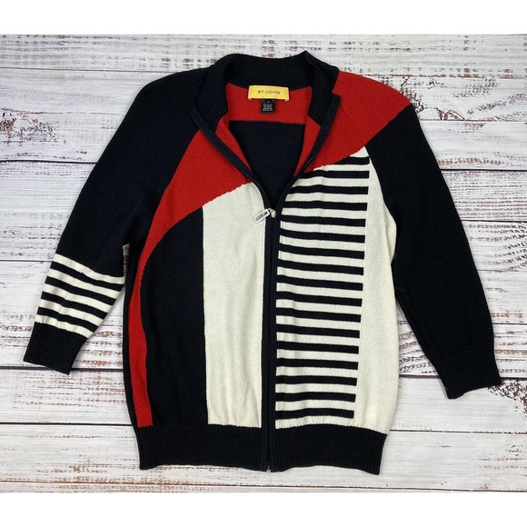 St John Collection Cardigan‎ Full Zip Knit Red Black White Stripe Sz P/S - Picture 1 of 4